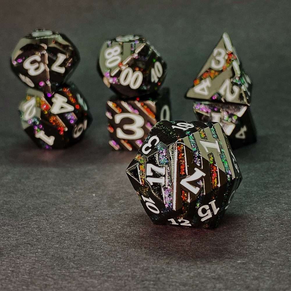 Sage's Dimension Stones - Gloss Black Rainbow Glitter Stripes Metal Polyhedral Dice Set - Sage's PortalMetal Dice Set