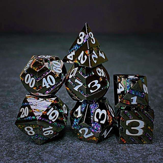 Sage's Dimension Stones - Gloss Black Rainbow Glitter Stripes Metal Polyhedral Dice Set - Sage's PortalMetal Dice Set