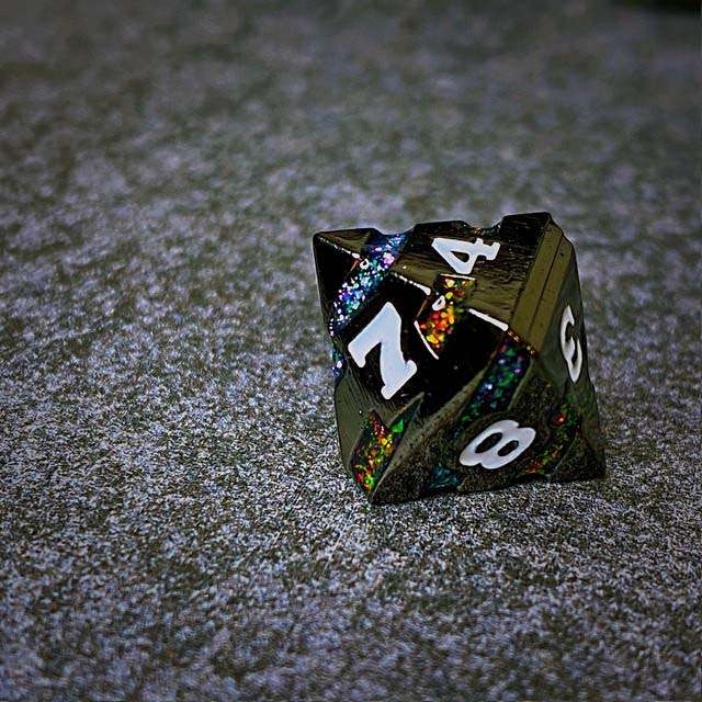 Sage's Dimension Stones - Gloss Black Rainbow Glitter Stripes Metal Polyhedral Dice Set - Sage's PortalMetal Dice Set