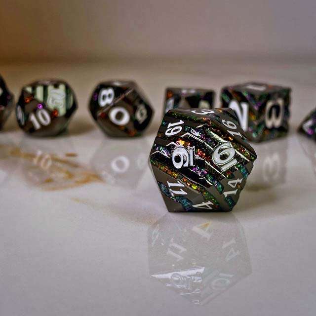 Sage's Dimension Stones - Gloss Black Rainbow Glitter Stripes Metal Polyhedral Dice Set - Sage's PortalMetal Dice Set