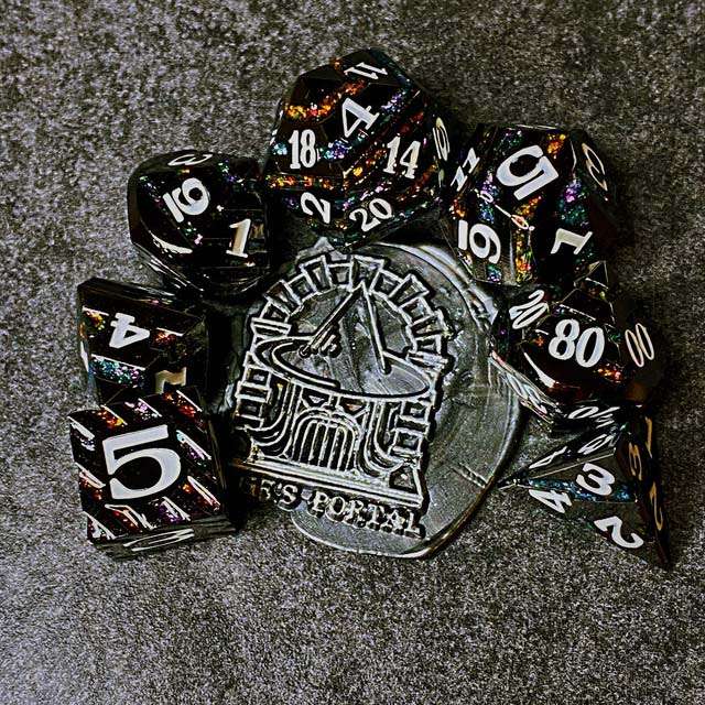 Sage's Dimension Stones - Gloss Black Rainbow Glitter Stripes Metal Polyhedral Dice Set - Sage's PortalMetal Dice Set