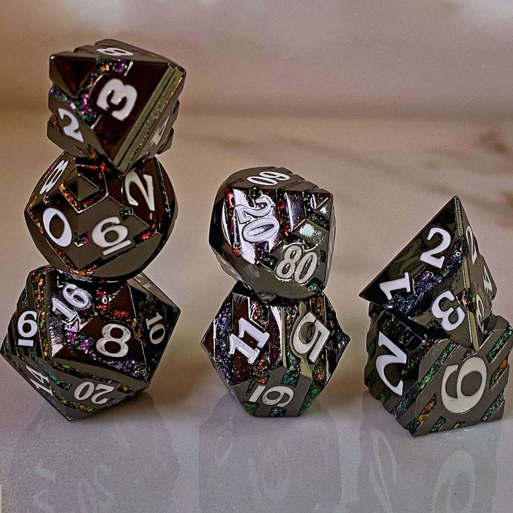 Sage's Dimension Stones - Gloss Black Rainbow Glitter Stripes Metal Polyhedral Dice Set - Sage's PortalMetal Dice Set