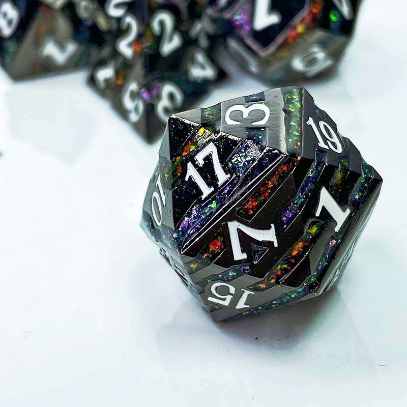 Sage's Dimension Stones - Gloss Black Rainbow Glitter Stripes Metal Polyhedral Dice Set - Sage's PortalMetal Dice Set