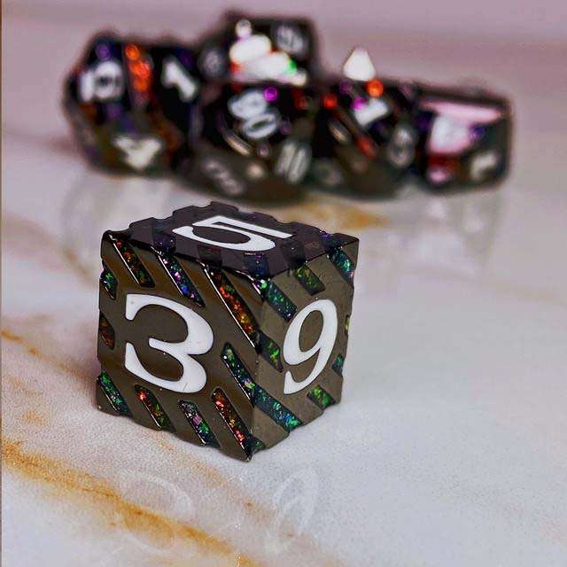 Sage's Dimension Stones - Gloss Black Rainbow Glitter Stripes Metal Polyhedral Dice Set - Sage's PortalMetal Dice Set