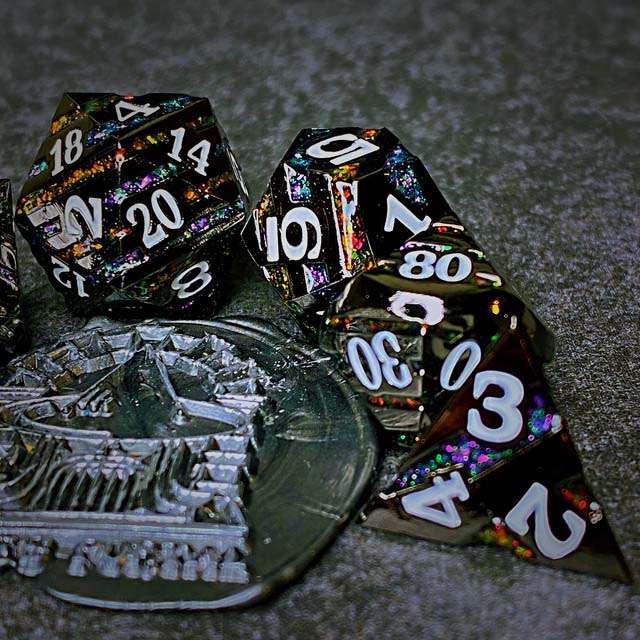 Sage's Dimension Stones - Gloss Black Rainbow Glitter Stripes Metal Polyhedral Dice Set - Sage's PortalMetal Dice Set