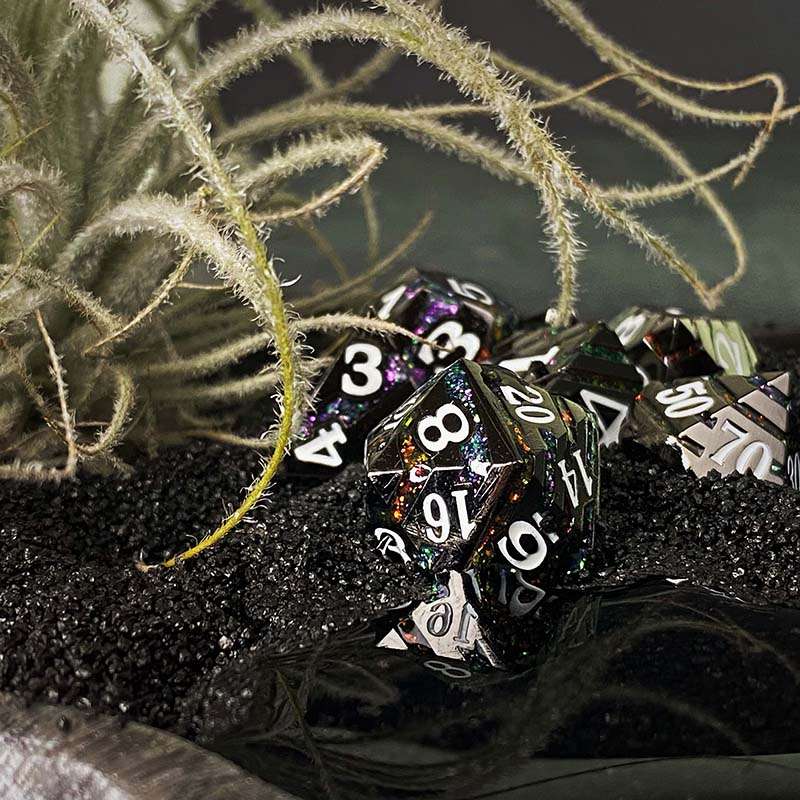 Sage's Dimension Stones - Gloss Black Rainbow Glitter Stripes Metal Polyhedral Dice Set - Sage's PortalMetal Dice Set