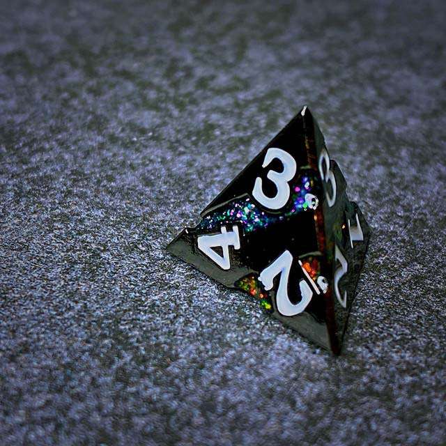 Sage's Dimension Stones - Gloss Black Rainbow Glitter Stripes Metal Polyhedral Dice Set - Sage's PortalMetal Dice Set