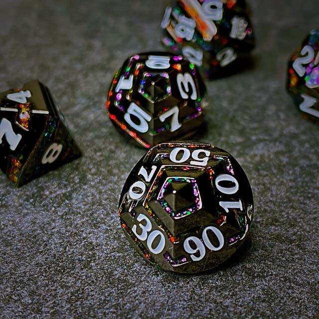 Sage's Dimension Stones - Gloss Black Rainbow Glitter Stripes Metal Polyhedral Dice Set - Sage's PortalMetal Dice Set