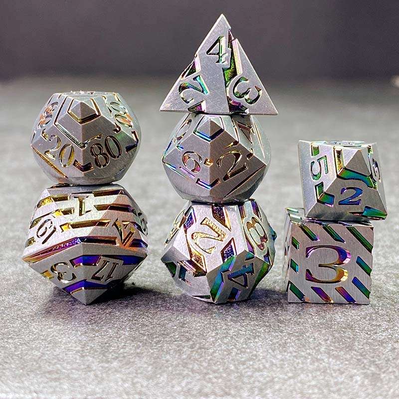 Sage's Dimension Stones - Matte Silver Holo Stripes Metal Polyhedral Dice Set - Sage's PortalMetal Dice Set
