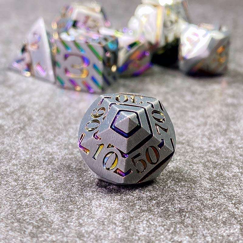 Sage's Dimension Stones - Matte Silver Holo Stripes Metal Polyhedral Dice Set - Sage's PortalMetal Dice Set