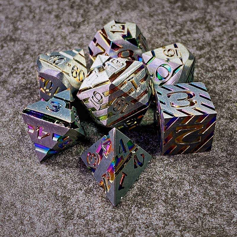 Sage's Dimension Stones - Matte Silver Holo Stripes Metal Polyhedral Dice Set - Sage's PortalMetal Dice Set