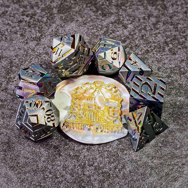 Sage's Dimension Stones - Matte Silver Holo Stripes Metal Polyhedral Dice Set - Sage's PortalMetal Dice Set
