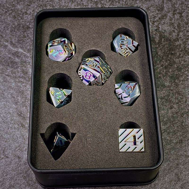 Sage's Dimension Stones - Matte Silver Holo Stripes Metal Polyhedral Dice Set - Sage's PortalMetal Dice Set