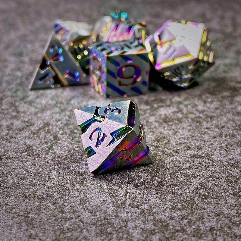 Sage's Dimension Stones - Matte Silver Holo Stripes Metal Polyhedral Dice Set - Sage's PortalMetal Dice Set