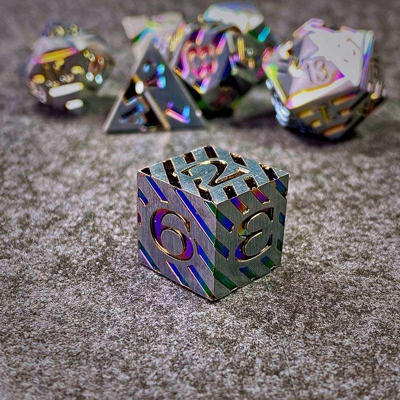 Sage's Dimension Stones - Matte Silver Holo Stripes Metal Polyhedral Dice Set - Sage's PortalMetal Dice Set