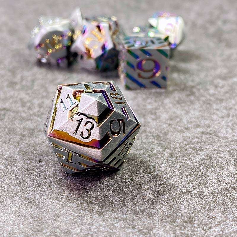 Sage's Dimension Stones - Matte Silver Holo Stripes Metal Polyhedral Dice Set - Sage's PortalMetal Dice Set