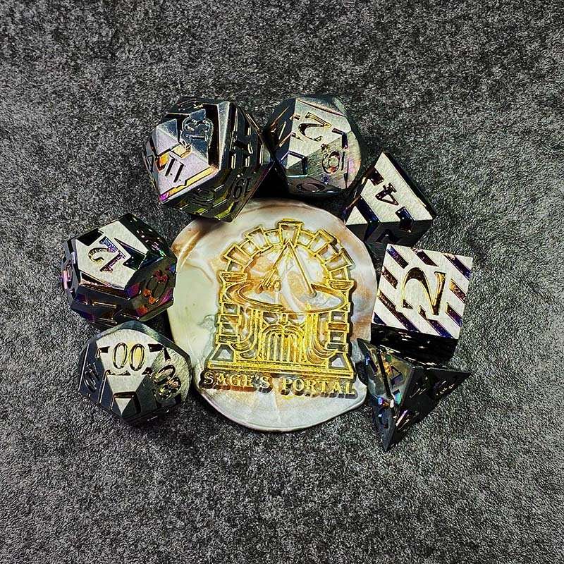 Sage's Dimension Stones - Matte Silver Holo Stripes Metal Polyhedral Dice Set - Sage's PortalMetal Dice Set