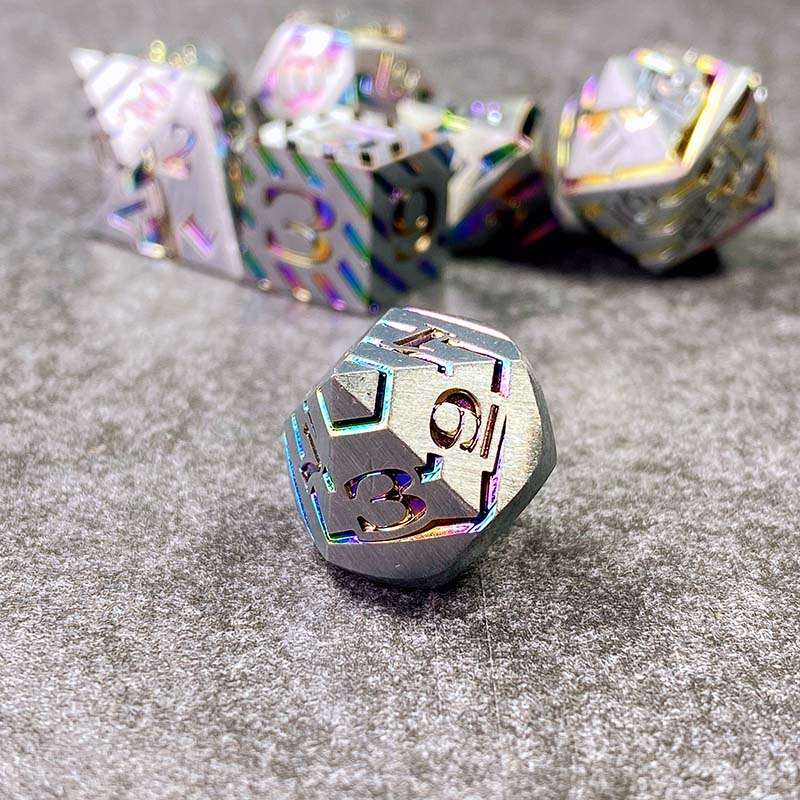 Sage's Dimension Stones - Matte Silver Holo Stripes Metal Polyhedral Dice Set - Sage's PortalMetal Dice Set