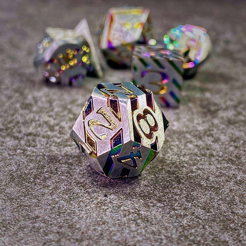 Sage's Dimension Stones - Matte Silver Holo Stripes Metal Polyhedral Dice Set - Sage's PortalMetal Dice Set
