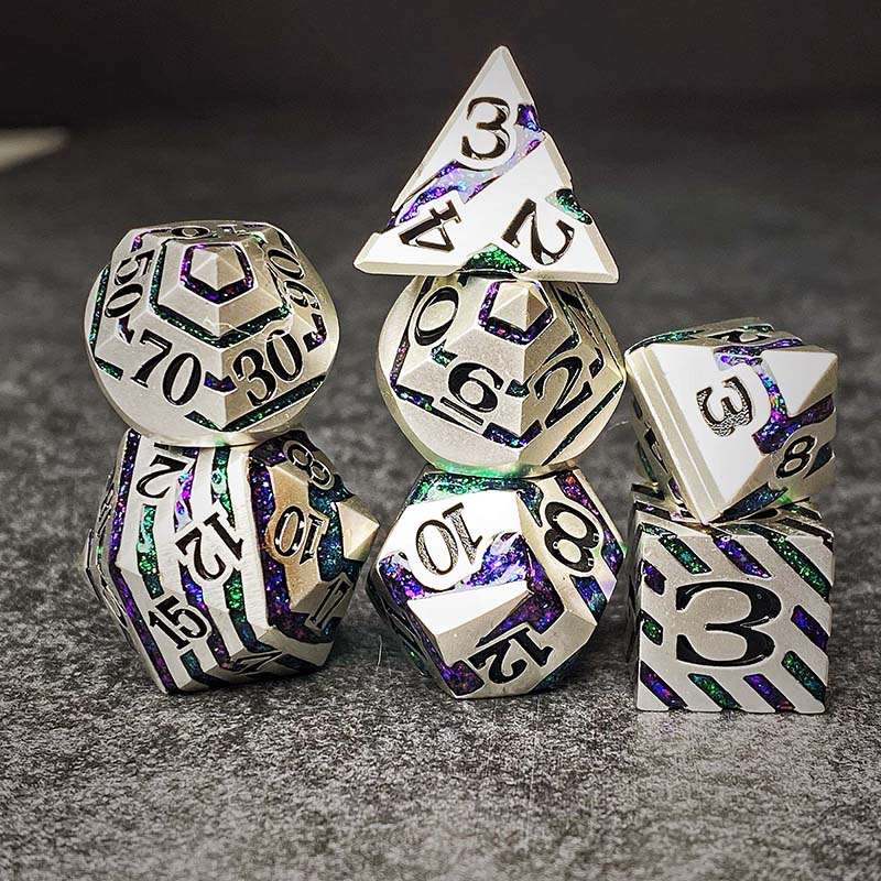 Sage's Dimension Stones - Silver Purple/Green Glitter Stripes Metal Polyhedral Dice Set - Sage's PortalMetal Dice Set