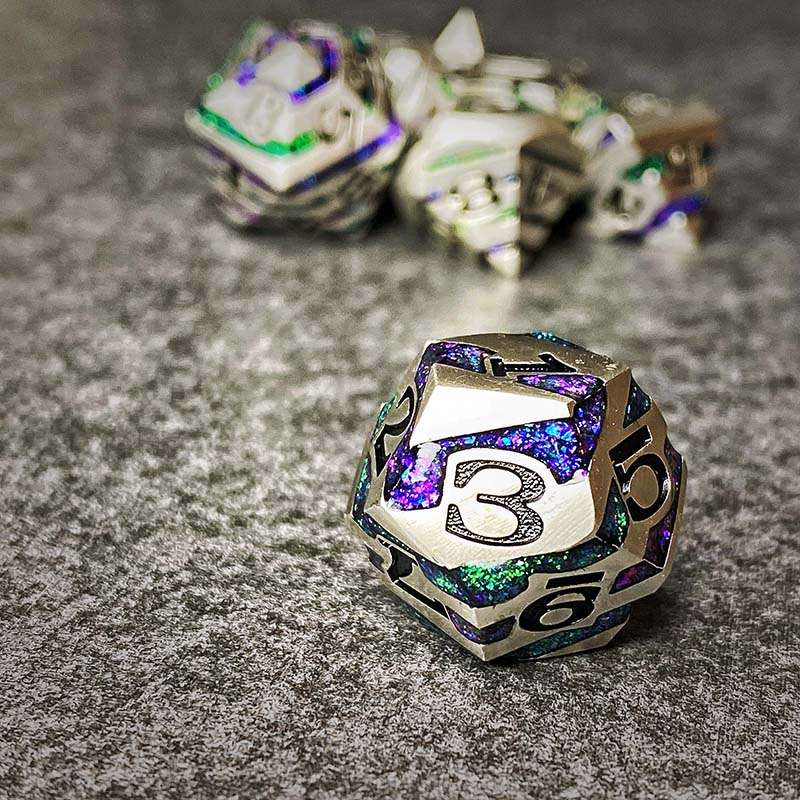 Sage's Dimension Stones - Silver Purple/Green Glitter Stripes Metal Polyhedral Dice Set - Sage's PortalMetal Dice Set