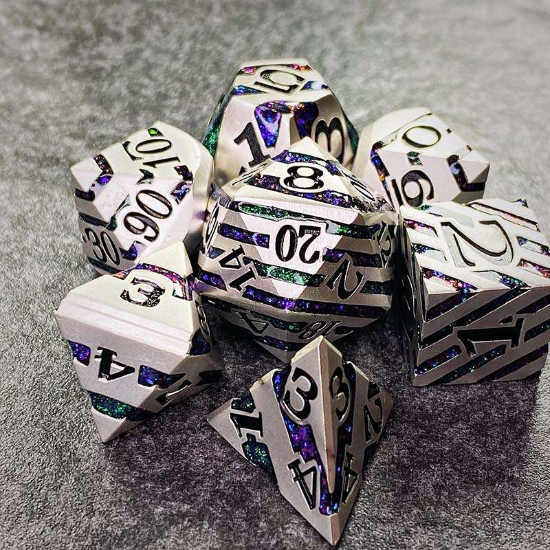 Sage's Dimension Stones - Silver Purple/Green Glitter Stripes Metal Polyhedral Dice Set - Sage's PortalMetal Dice Set