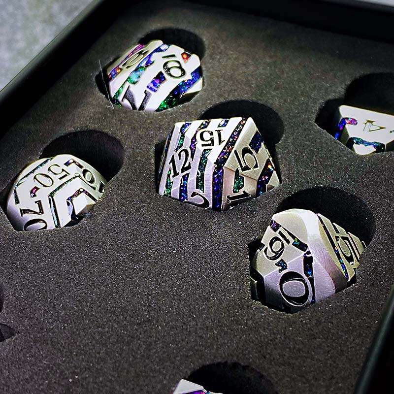 Sage's Dimension Stones - Silver Purple/Green Glitter Stripes Metal Polyhedral Dice Set - Sage's PortalMetal Dice Set