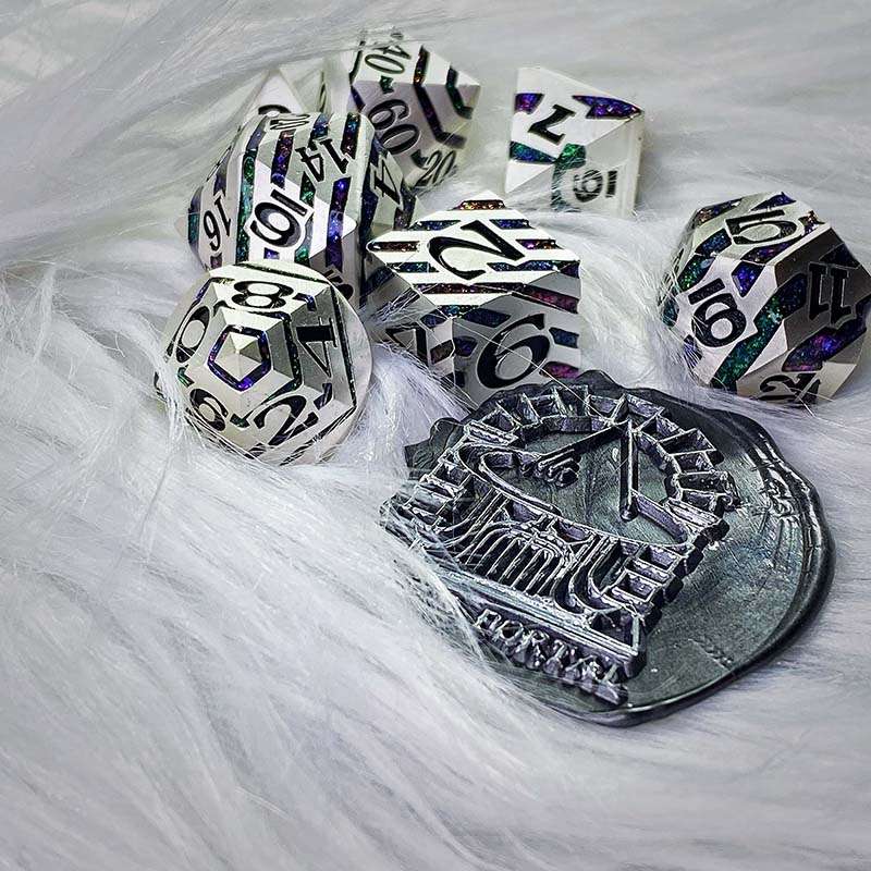 Sage's Dimension Stones - Silver Purple/Green Glitter Stripes Metal Polyhedral Dice Set - Sage's PortalMetal Dice Set