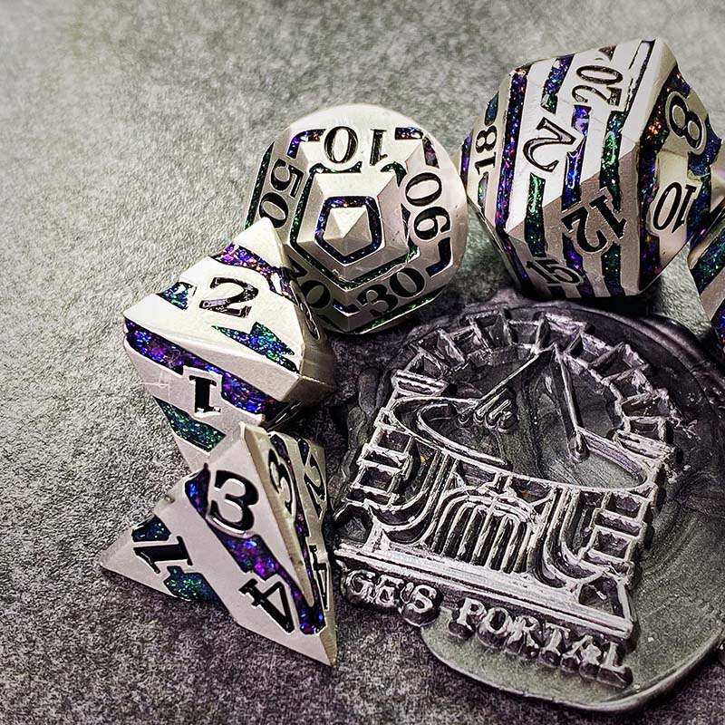 Sage's Dimension Stones - Silver Purple/Green Glitter Stripes Metal Polyhedral Dice Set - Sage's PortalMetal Dice Set
