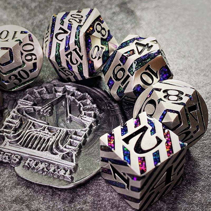 Sage's Dimension Stones - Silver Purple/Green Glitter Stripes Metal Polyhedral Dice Set - Sage's PortalMetal Dice Set