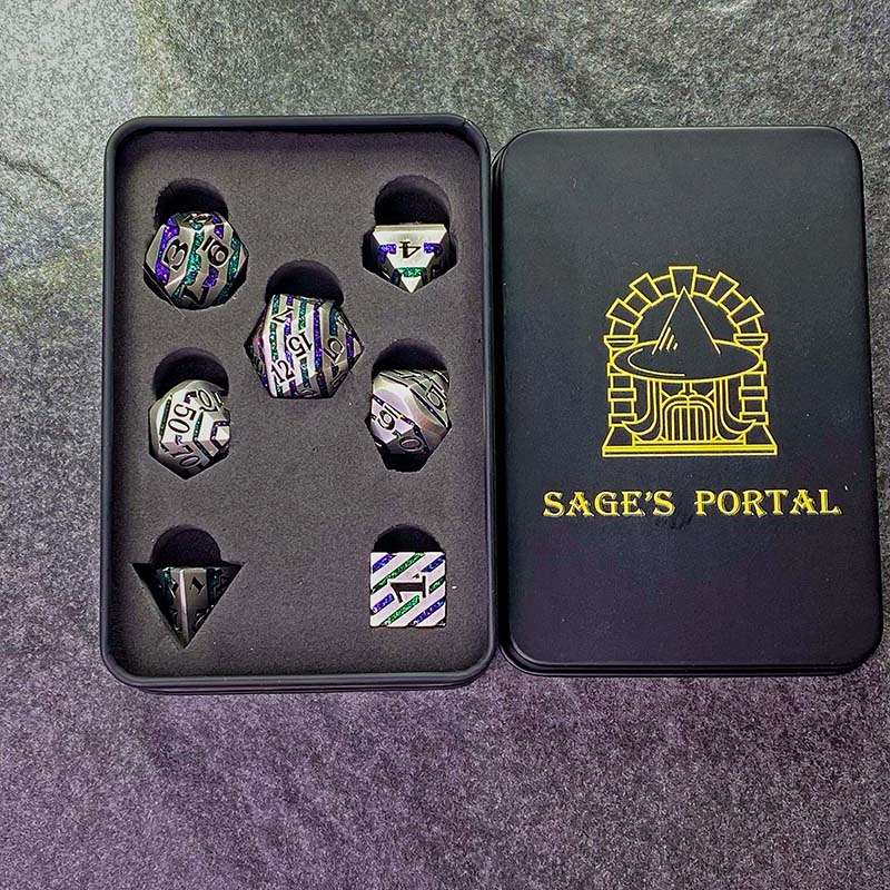 Sage's Dimension Stones - Silver Purple/Green Glitter Stripes Metal Polyhedral Dice Set - Sage's PortalMetal Dice Set