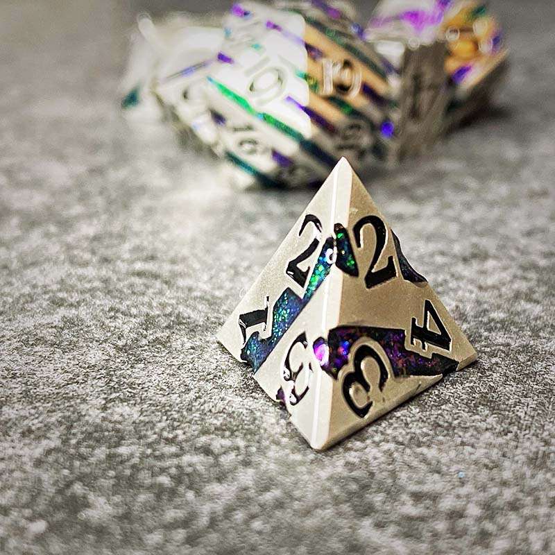 Sage's Dimension Stones - Silver Purple/Green Glitter Stripes Metal Polyhedral Dice Set - Sage's PortalMetal Dice Set