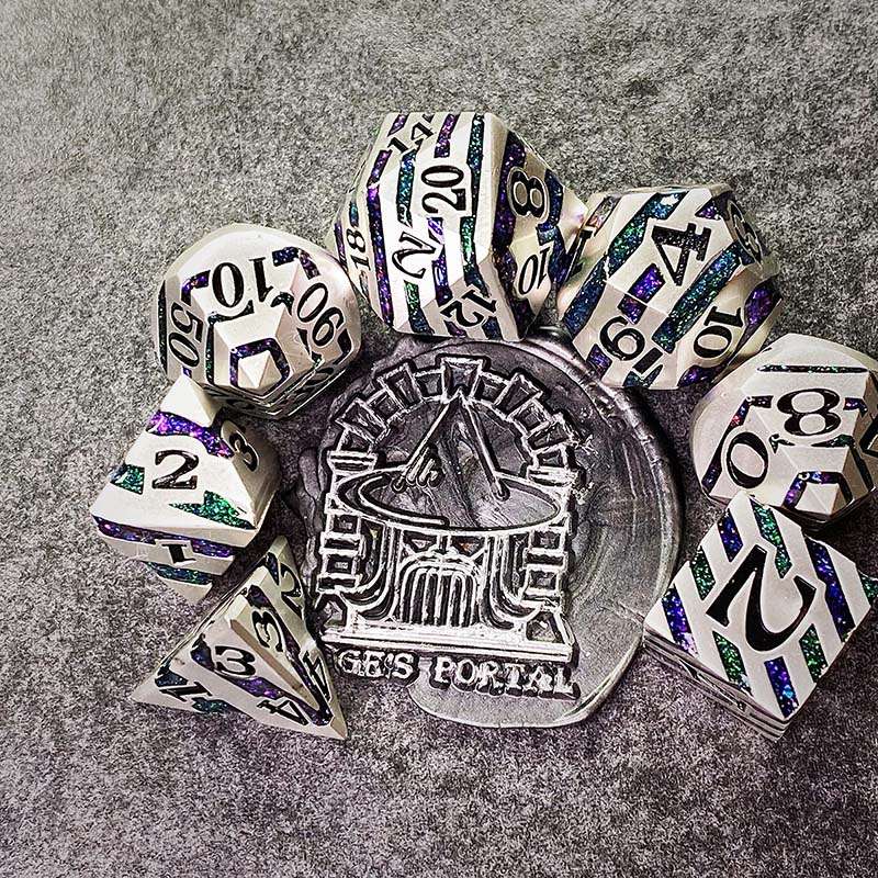 Sage's Dimension Stones - Silver Purple/Green Glitter Stripes Metal Polyhedral Dice Set - Sage's PortalMetal Dice Set