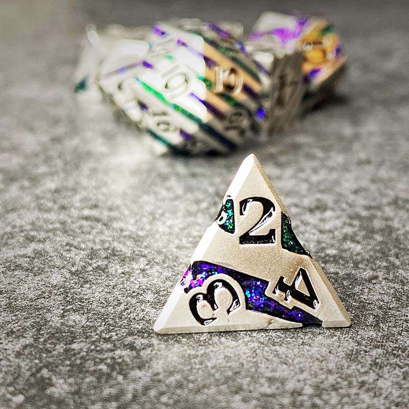 Sage's Dimension Stones - Silver Purple/Green Glitter Stripes Metal Polyhedral Dice Set - Sage's PortalMetal Dice Set