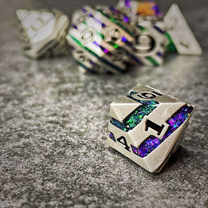 Sage's Dimension Stones - Silver Purple/Green Glitter Stripes Metal Polyhedral Dice Set - Sage's PortalMetal Dice Set