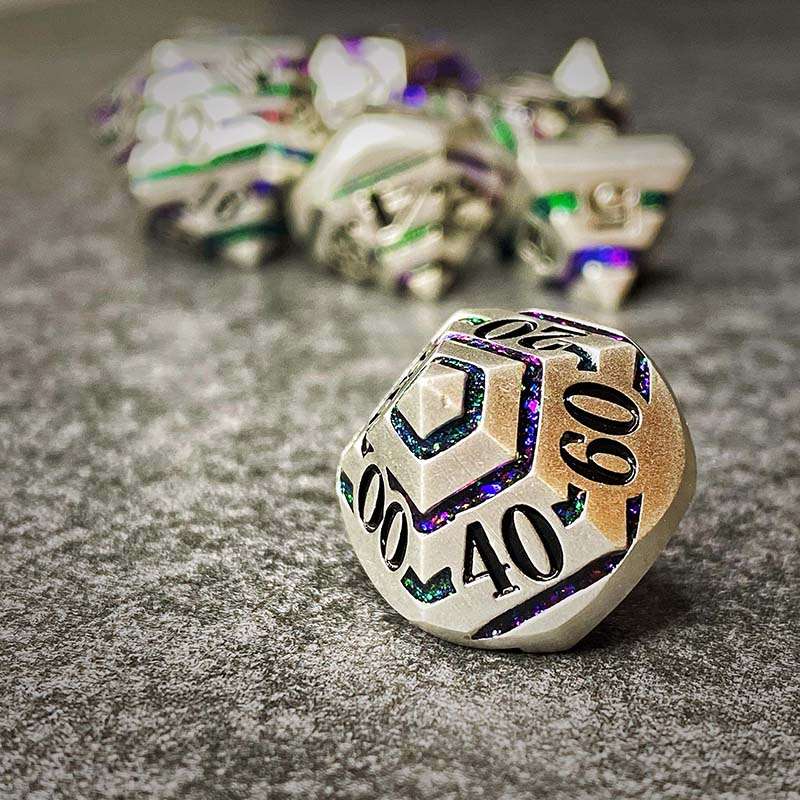 Sage's Dimension Stones - Silver Purple/Green Glitter Stripes Metal Polyhedral Dice Set - Sage's PortalMetal Dice Set