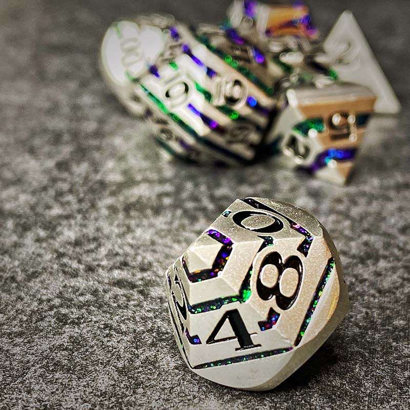 Sage's Dimension Stones - Silver Purple/Green Glitter Stripes Metal Polyhedral Dice Set - Sage's PortalMetal Dice Set