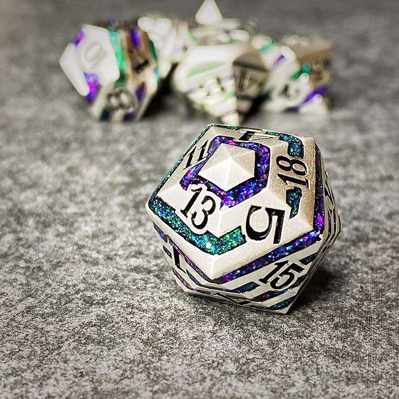 Sage's Dimension Stones - Silver Purple/Green Glitter Stripes Metal Polyhedral Dice Set - Sage's PortalMetal Dice Set