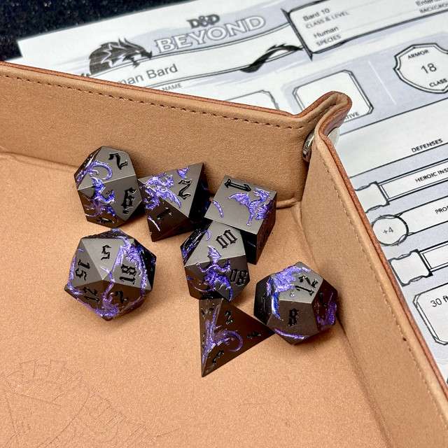 Sage’s Dragon Etchings Black/Purple Metal Polyhedral Dice Set - Sage's PortalMetal Dice Set