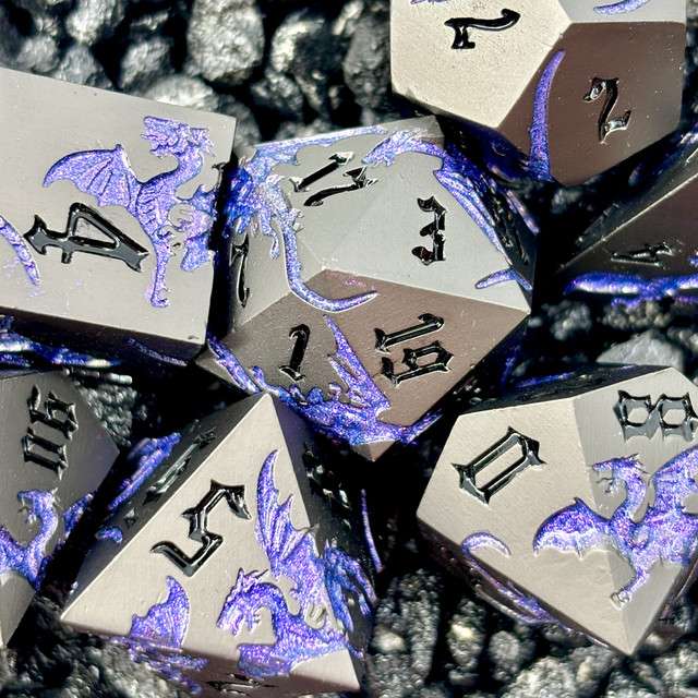 Sage’s Dragon Etchings Black/Purple Metal Polyhedral Dice Set - Sage's PortalMetal Dice Set