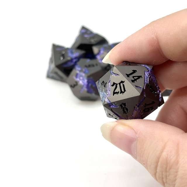 Sage’s Dragon Etchings Black/Purple Metal Polyhedral Dice Set - Sage's PortalMetal Dice Set