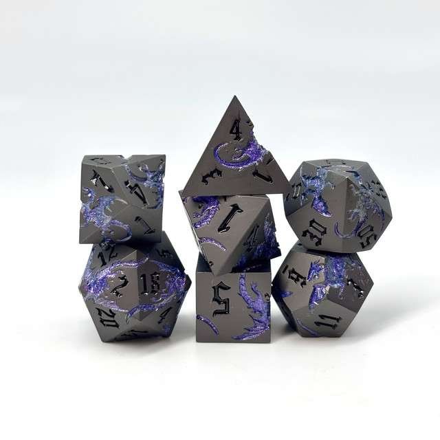 Sage’s Dragon Etchings Black/Purple Metal Polyhedral Dice Set - Sage's PortalMetal Dice Set