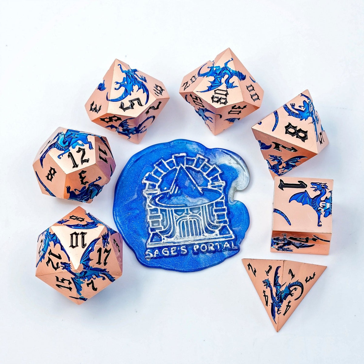 Sage’s Dragon Etchings Copper/Blue Metal Polyhedral Dice Set - Sage's PortalMetal Dice Set