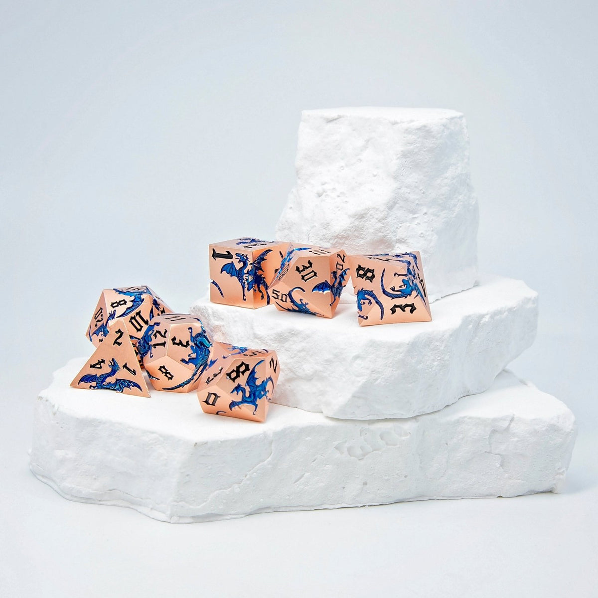Sage’s Dragon Etchings Copper/Blue Metal Polyhedral Dice Set - Sage's PortalMetal Dice Set