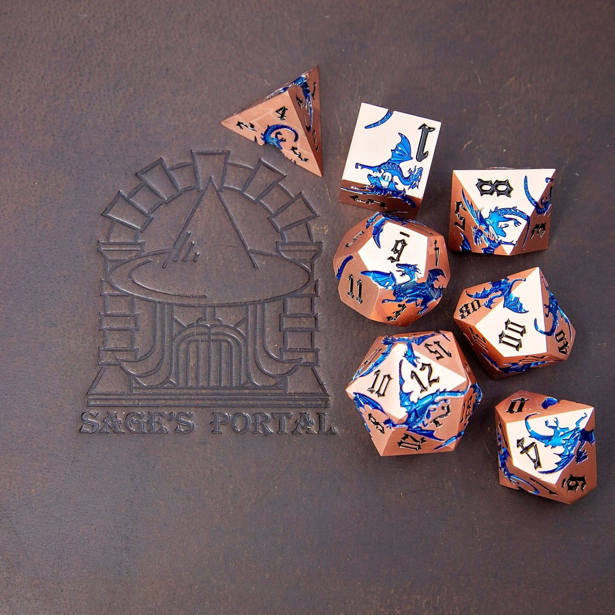 Sage’s Dragon Etchings Copper/Blue Metal Polyhedral Dice Set - Sage's PortalMetal Dice Set