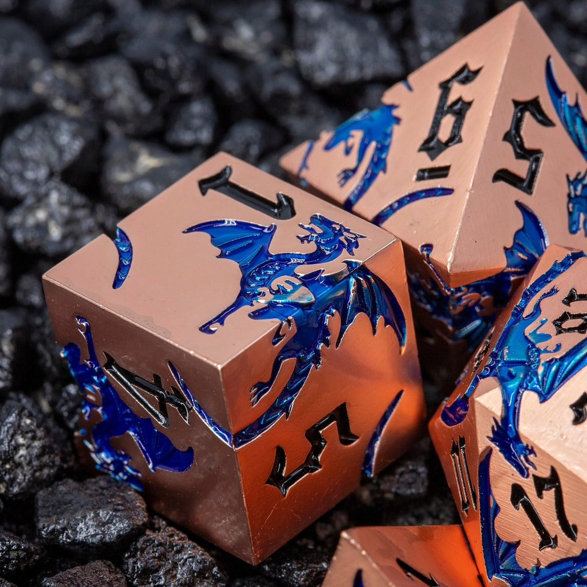 Sage’s Dragon Etchings Copper/Blue Metal Polyhedral Dice Set - Sage's PortalMetal Dice Set