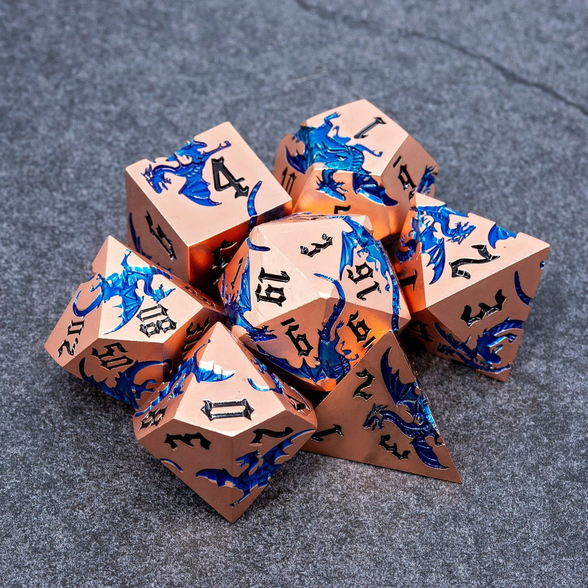 Sage’s Dragon Etchings Copper/Blue Metal Polyhedral Dice Set - Sage's PortalMetal Dice Set