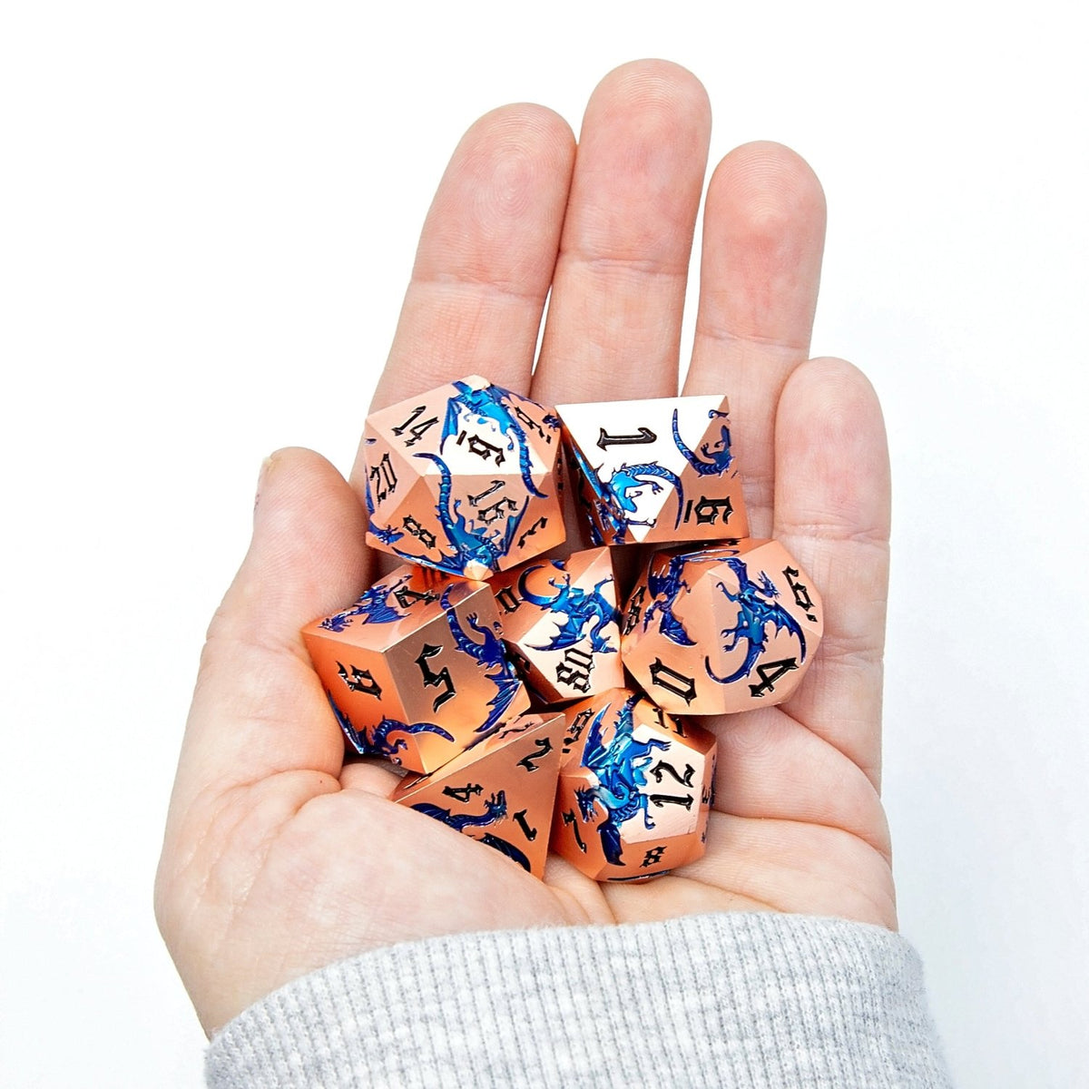Sage’s Dragon Etchings Copper/Blue Metal Polyhedral Dice Set - Sage's PortalMetal Dice Set