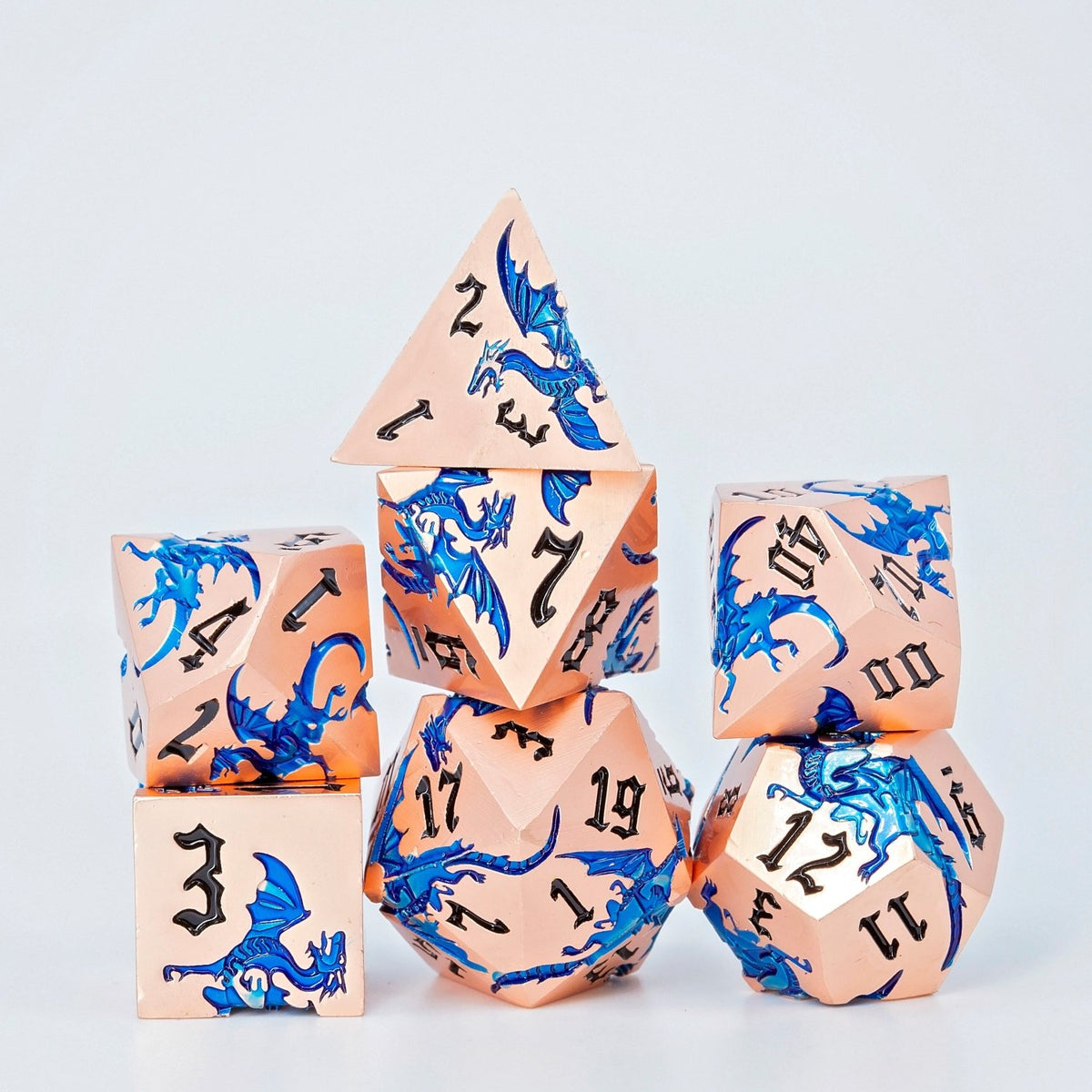 Sage’s Dragon Etchings Copper/Blue Metal Polyhedral Dice Set - Sage's PortalMetal Dice Set