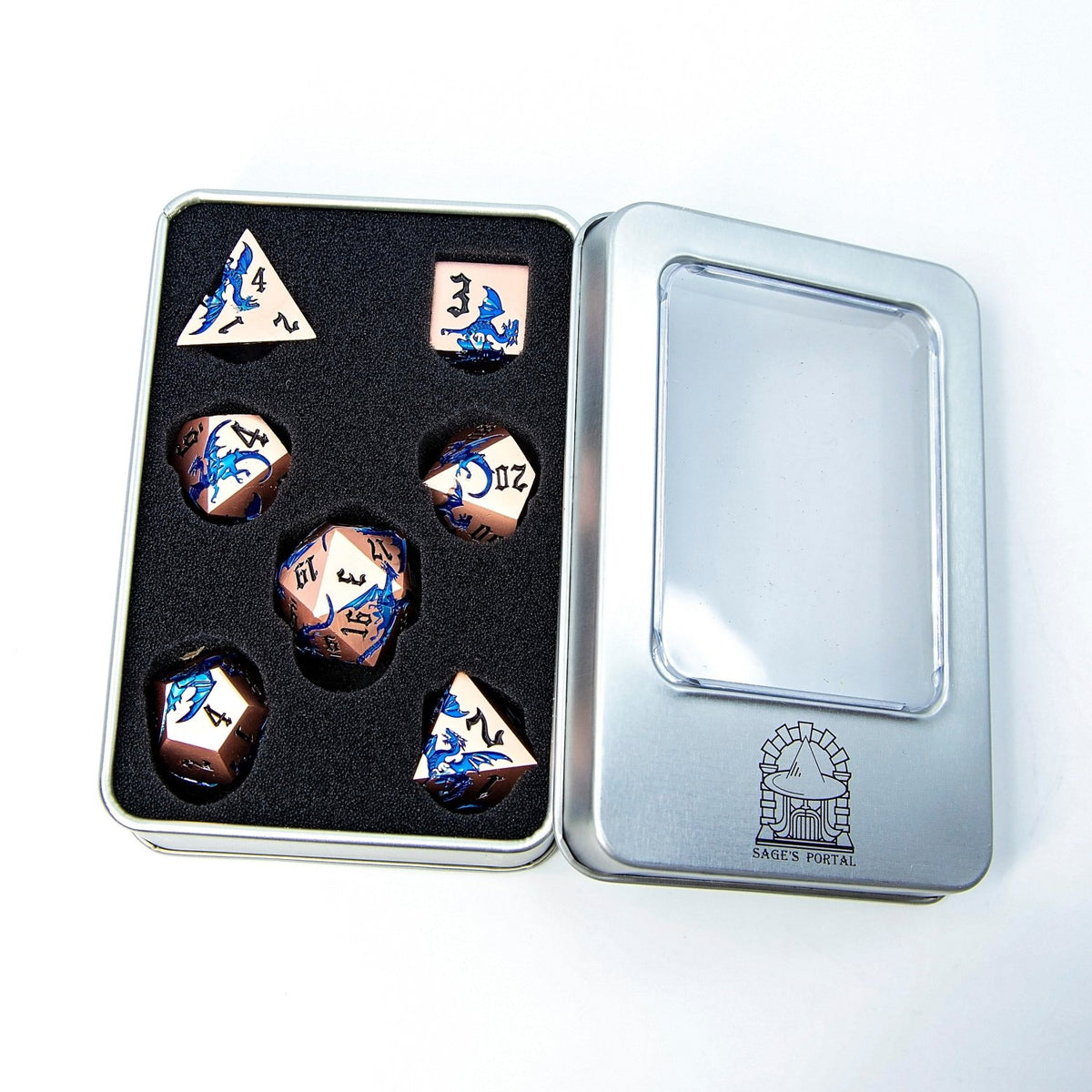 Sage’s Dragon Etchings Copper/Blue Metal Polyhedral Dice Set - Sage's PortalMetal Dice Set